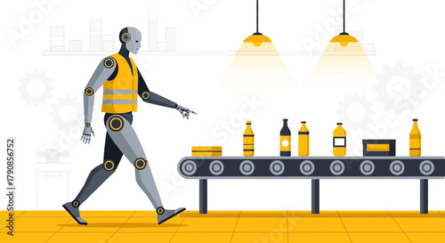 Robot Inspecting Bottling Production Line in a Modern Factory Setting Illustration