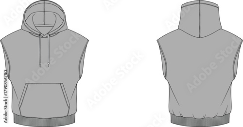 Cad drawing flat vector, sleeveless hoodie design, fashion technical sketch, apparel template, clothing illustration, garment construction, sportswear style