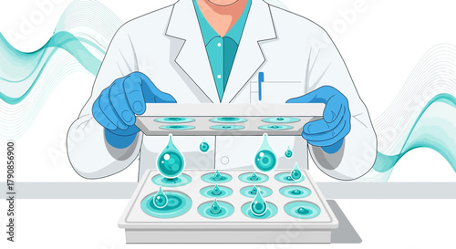 Scientific analysis illustration of water droplets by a researcher in a laboratory setting