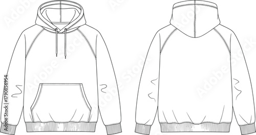 Cad drawing flat vector, hooded sweatshirt technical flat sketch, raglan sleeve hoodie front back view, kangaroo pocket fashion design template illustration