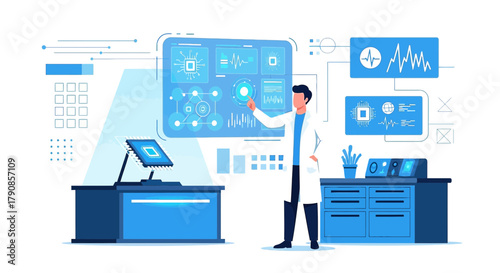 Scientist analyzing data on a screen in a laboratory, working on semiconductor development and