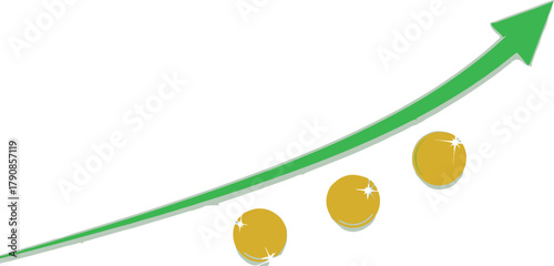Green arrow pointing upwards with gold coins, symbolizing progress and financial improvement