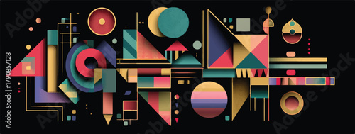 Modern abstract geometric art design featuring circles triangles squares and rectangles in muted pastel shades on a black background for contemporary decor