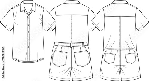 cad drawing flat vector, shirt and shorts technical sketch, fashion design template, garment construction, apparel blueprint, summer outfit illustration