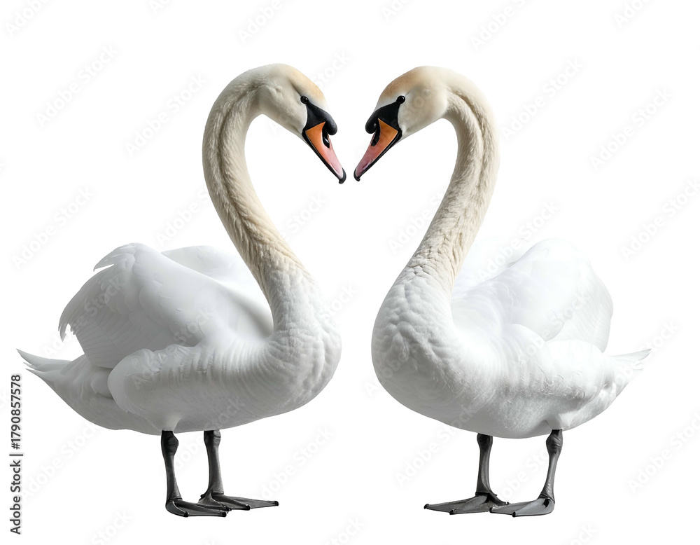 Obraz premium Two white swans form a heart shape with their necks (1)