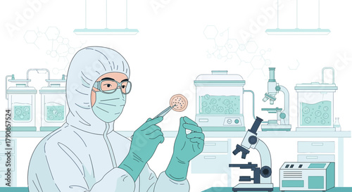 Scientist examining petri dish sample in laboratory research analysis setting meticulously