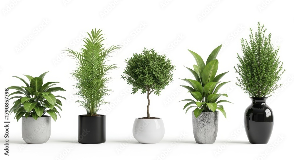 Obraz premium Collection of five potted green houseplants with different foliage and pots