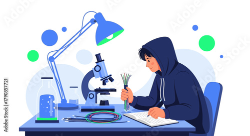 Scientist in a hoodie working in a laboratory with microscope and fiber optics cables creating new