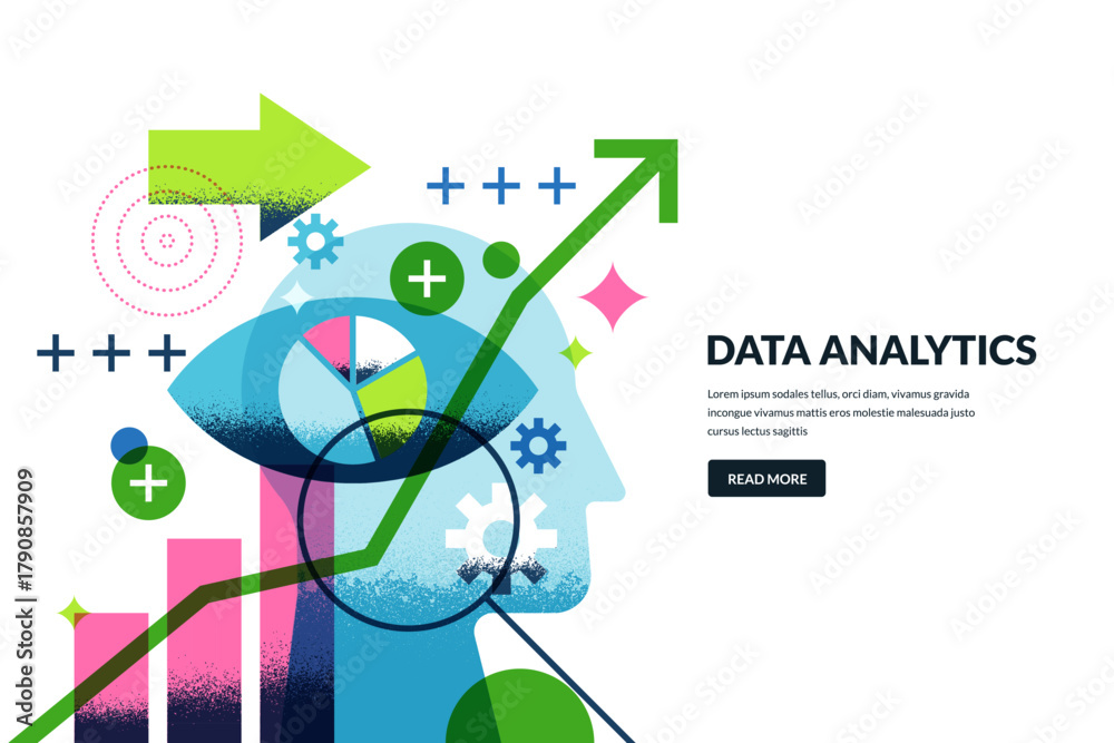Obraz premium Concept of data analytics and innovation. Vector illustration of human head, eye, chart, arrow graph, magnifying glass