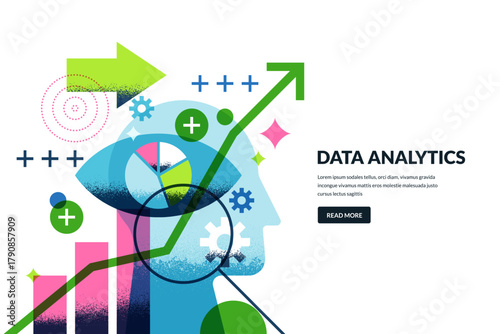 Concept of data analytics and innovation. Vector illustration of human head, eye, chart, arrow graph, magnifying glass