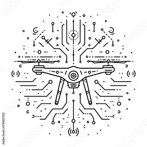 Modern Drone Technology Illustration with Circuit Board Design Exploring the Future of Aerial Innovation and Technological Advancement Showcasing Robotics and Autonomous Systems