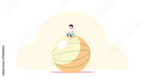 A Little Human Sitting On a Giant Round Object Imagining Adventures and Daydreaming Always