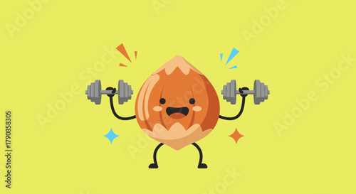 A Nutty Character Lifts Weights: Cartoon Hazelnut with Dumbbell for Fitness, Healthy Lifestyle