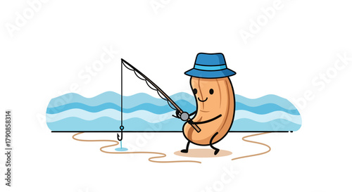 A Nutty Cashew Character Enjoying Fishing On A Sunny Day With Blue Hat
