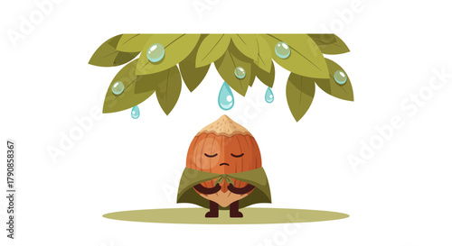 A Nutty Figure Seated Under Leaves Watching Raindrops Fall On The Green Ground Illustration