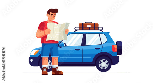 A Person Planning A Road Trip Using A Map With A Car On A Black Background