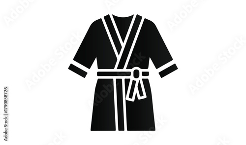Black bathrobe with white trim and belt isolated on white background