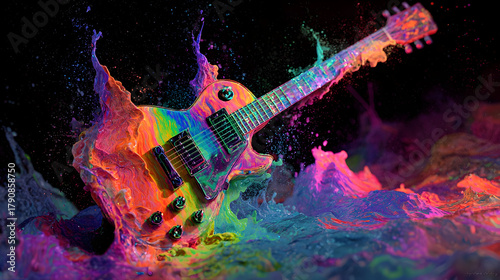 Psychedelic electric guitar with colorful splashes in dynamic artistic scene