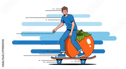 A Person Skates Upon a Unique, Gigantic Persimmon Against Blue Artistic Strokes