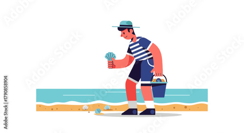 A Person Collecting Seashells At The Beach In Simple Cartoon Illustration Style