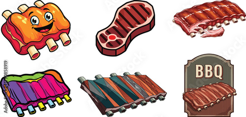 BBQ Ribs and Steak Vector Clipart Bundle: Cartoon, Neon, and Realistic Grilling Food Illustrations