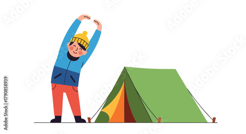 A Person Stretching Before Camping, An Adventure In The Wilderness Beside Tent