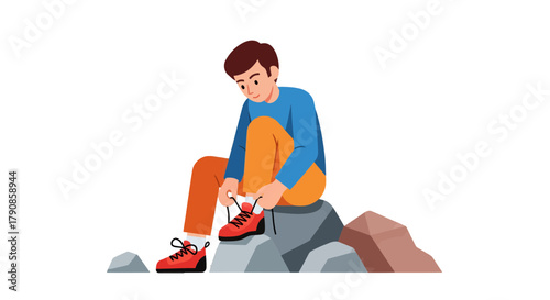 A Person Tying Shoe Laces While Sitting on Stone Rocks, Preparing For Activity
