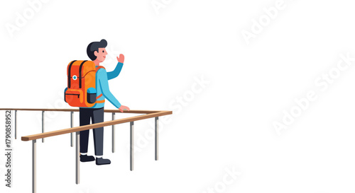 A Person Traveling With Backpack Smiles And Waves From A Balcony Against A Dark Backdrop