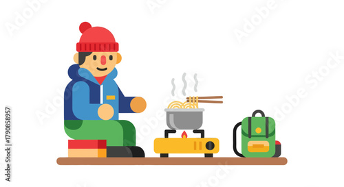 A Person Cooking Noodles Outside Amidst The Adventure Of Camping And Hiking