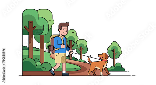 A Person Walks His Canine Friend In A Forest Path For Adventurous Outdoor Exercise