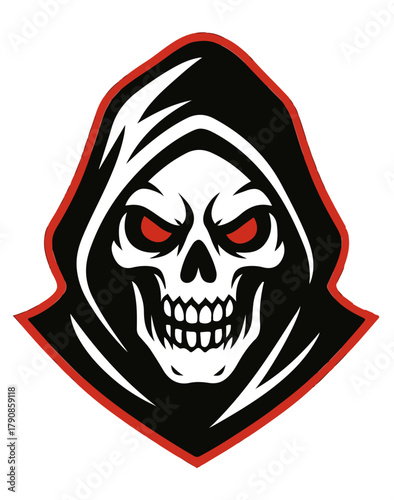 Grim Reaper Skull Mascot Logo – Evil Hooded Skeleton Head with Red Eyes, Esports and Gaming Emblem Vector