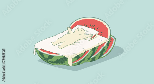 A Personified Figure Resting on a Watermelon Bed, Simple Illustration, Cartoon Feel