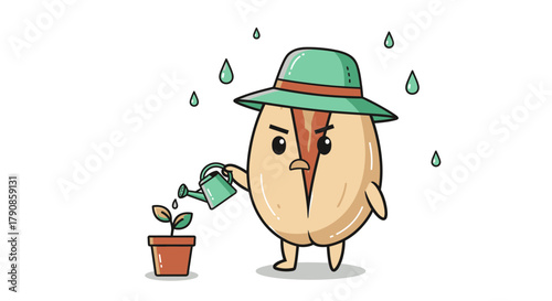 A Personified Nut Character Water The Plant Under The Rain Cartoon Illustration