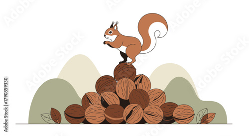 A Playful Squirrel Standing Atop a Pyramid of Walnuts with a Whimsical Background