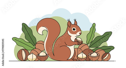 A Playful Squirrel with Delightful Nuts amidst Lush Foliage in a Whimsical Composition