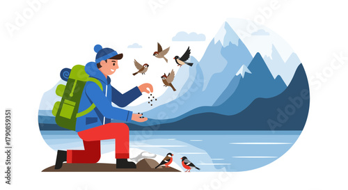 A Person Feeds Various Birds in a Mountainous Landscape with a Backpack on a Hike