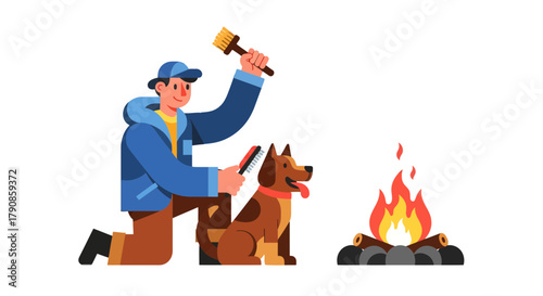 A Person Grooming Dog By a Campfire, An Illustrative Depiction for Adobe Stock