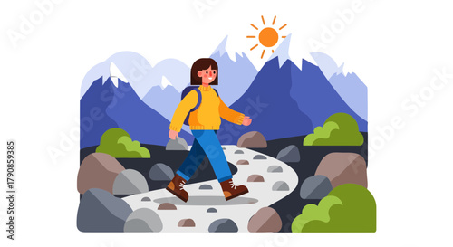 A Person Hiking On A Mountain Path Under The Sun With A Backpack and Adventure