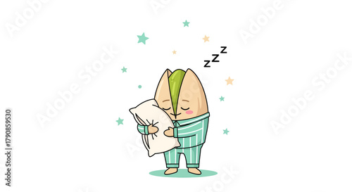 A Sleepy Pistachio Character Embracing a Pillow Amongst Gentle Stars for Sweet Dreams