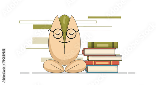 A Smart Pistachio Character Meditating Amidst Literature And Peaceful Moments
