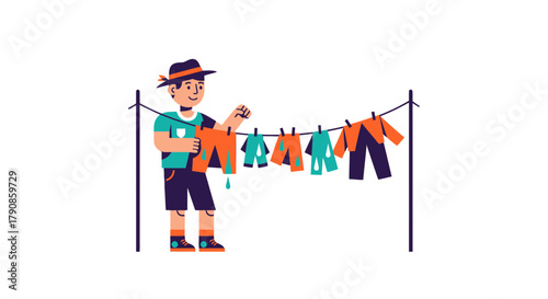 A Person Is Hanging Out Wet Clothes, Minimalist Character Illustration, On A Black Background