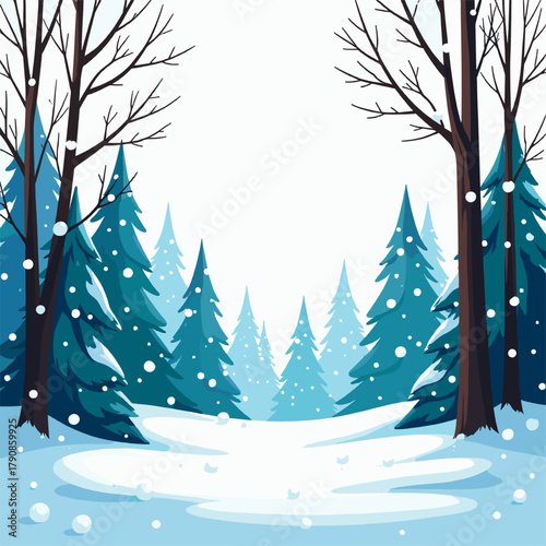 Winter forest landscape with mix of bare trees and tall pine trees covered in snow, serene cold season illustration perfect for greeting cards, backgrounds, winter projects and seasonal designs