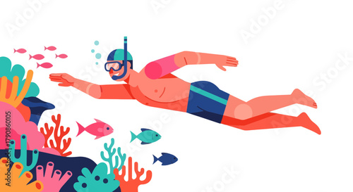 A Snorkeler Explores Aquatic Life and Colorful Coral Reefs With Diverse Fish Species
