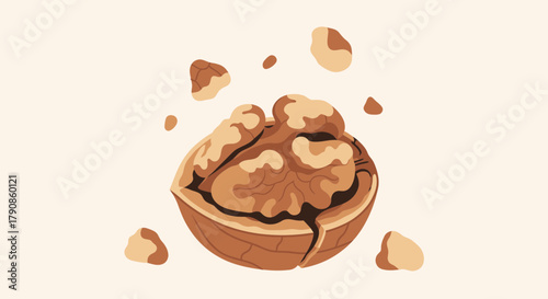 A Split Walnut Displaying Kernel and Detached Pieces on a Cream-Colored Backdrop