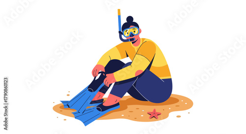 A Person Meditating On Sand, Preparing Gear For Their Next Underwater Dive Journey