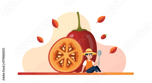 A Person Meditating Near a Delicious Fruit with a Spoon and Autumnal Leaves