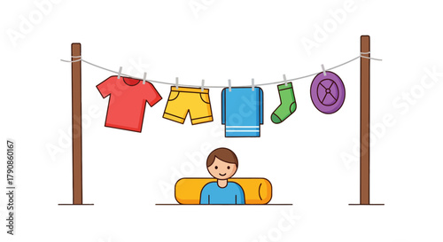 A Person Meditating While Laundry Dries on a Clothesline in a Minimalist Design