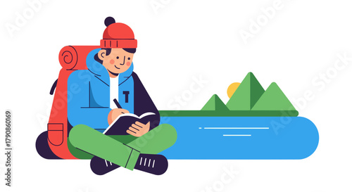 A Person Meditating While Recording Thoughts Next To a Lake and Mountain Landscape