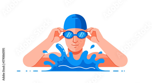 A Swimmer Adjusting Goggles Emerges, Amidst Dynamic Waters, Embracing Aquatic Challenge