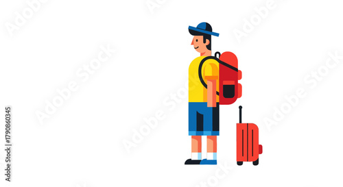 A Traveler Stands Ready for Journey with Backpack and Suitcase on Black Background